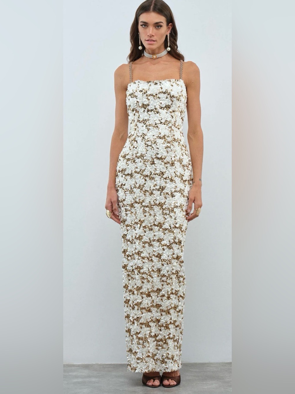 Nana Gotti Solana Ivory Gold Sequin Maxi Dress M 38